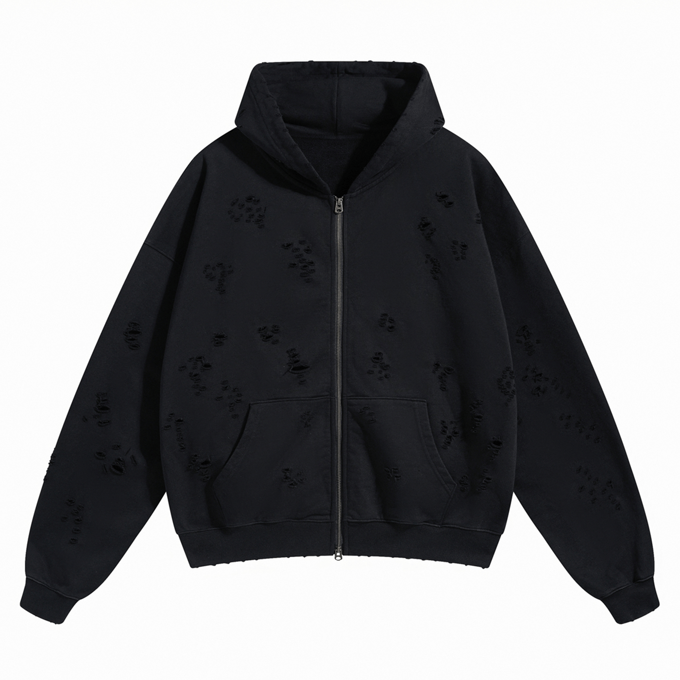 DISTRESSED ZIP-UP HOODIE